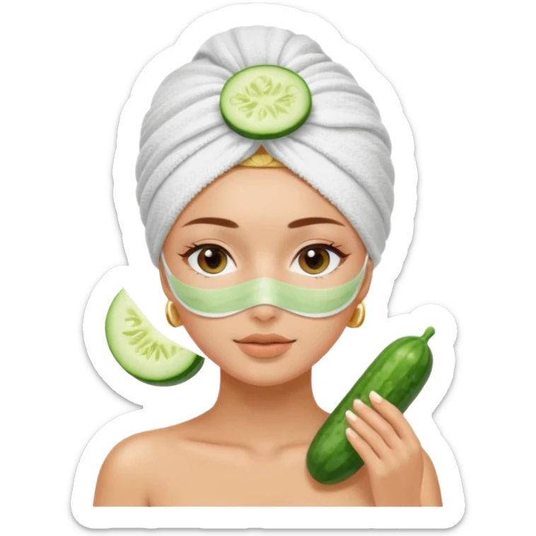 girl with her hair in a towel turban and a faks mask on and cucumber slices over her eyes at a spa sticker