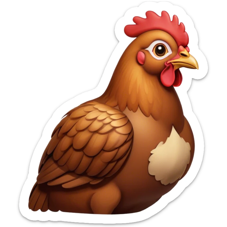Cinematic Noble Brown Chicken Portrait Emoji, Poised and regal, with a compact, sturdy build and a warm, well-groomed brown plumage, deep-set soulful beady eyes, Simplified yet sharp and sophisticated features, highly detailed, glowing with a soft, dignified glow, high shine, intelligent and earthy, stylized with an air of rustic elegance, focused and attentive, soft glowing outline, capturing the essence of a watchful and confident fowl, so majestic it feels as though it could strut out of the screen with effortless authority! sticker