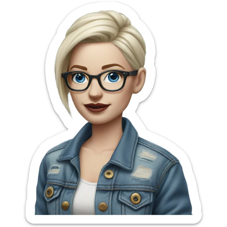 Hyper Realistic pale beautiful tattooed woman with glasses and blue eyes wearing denim jacket sticker
