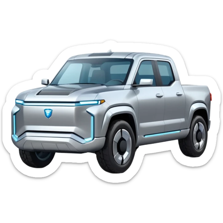 A futuristic electric pickup truck emoji, silver chrome body, angular cyber design, smooth metallic panels, subtle reflections, minimalistic proportions, iOS emoji style, centered composition, clean white background, soft lighting sticker