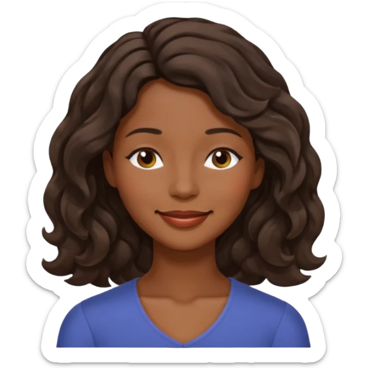 Happy face with smile,  dark brown skin color black women wavy hair shoulder length, eyes slightly closed sticker