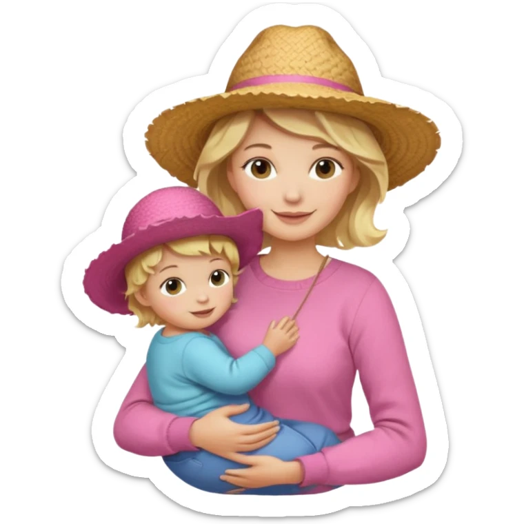 A cheerful wavy short blond hair mom in a straw hat carrying her child, wearing a pink sweater sticker