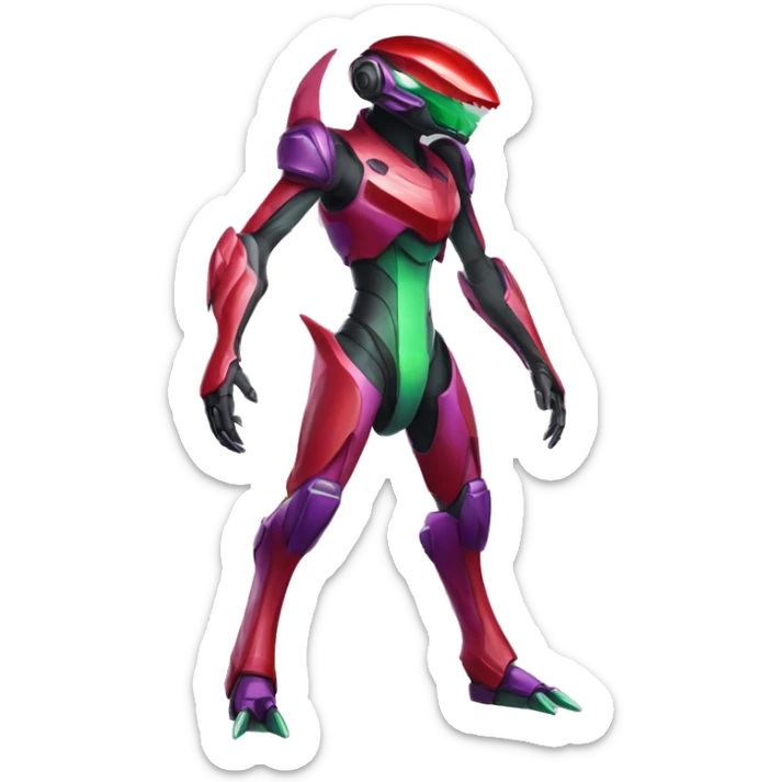 a shiny purple-green-red Genesect-Raptor-Fakémon—hybrid with a futuristic visor-helmet full body sticker