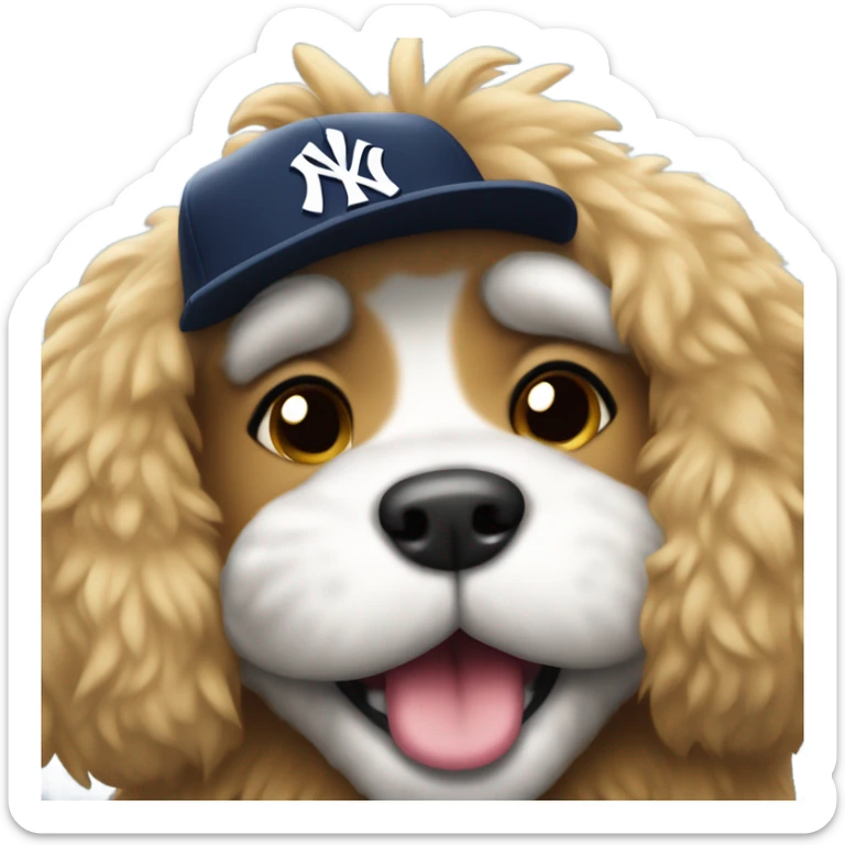 A furry dog wearing a Yankees cap, winking and sticking out its tongue sticker