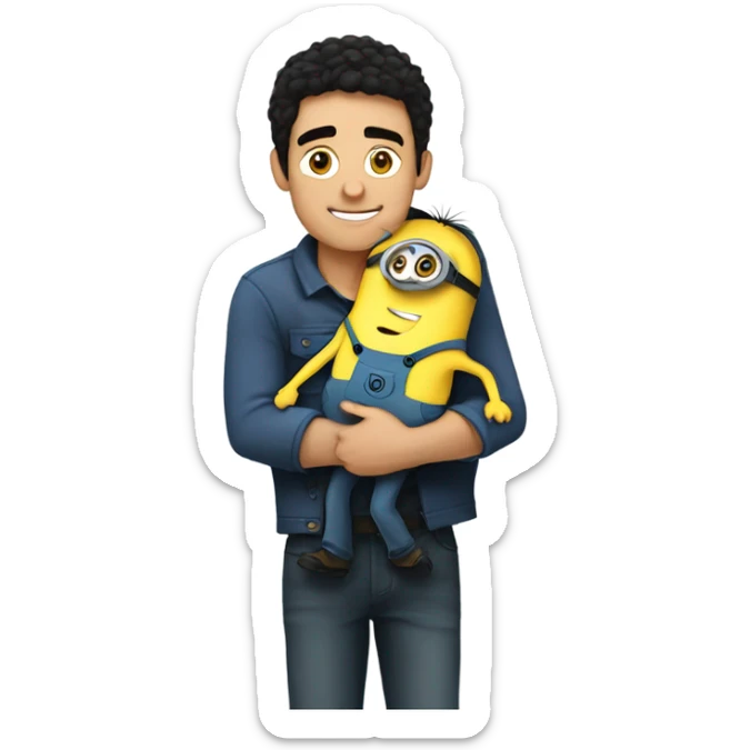 white male, brown eyes, black hair hugging and holding a minion with green eyes sticker