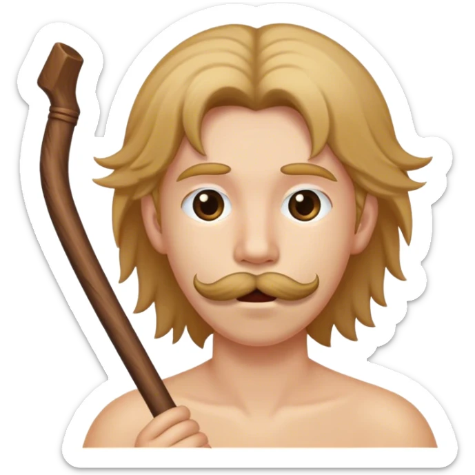 an emoji of a person with a wooden stick is his mouth, with hair at the bottom of the stick sticker