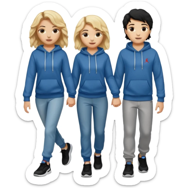 blonde girl with black haired boy holding hands, the girl has wavy hair and makeup and shes wearing jeans and a top and the boy has a jordan hoodie and jogging sporting bottoms sticker