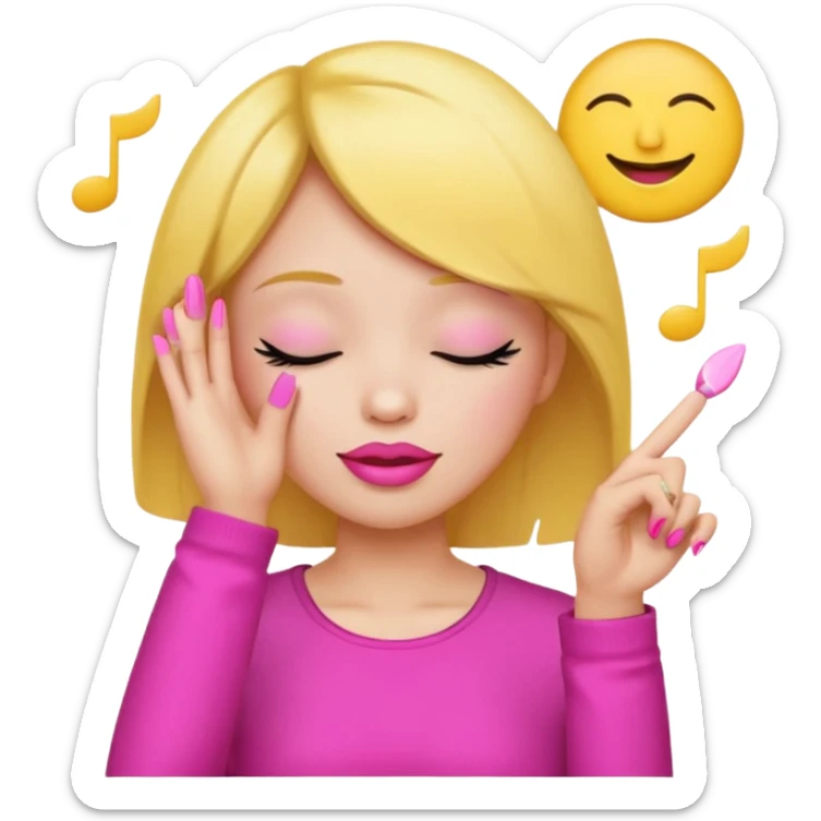 Yellow circle emoji sighing and drumming fingers up the side of their head the eye is closed it is a side profile pink lipstick and pink nails sticker