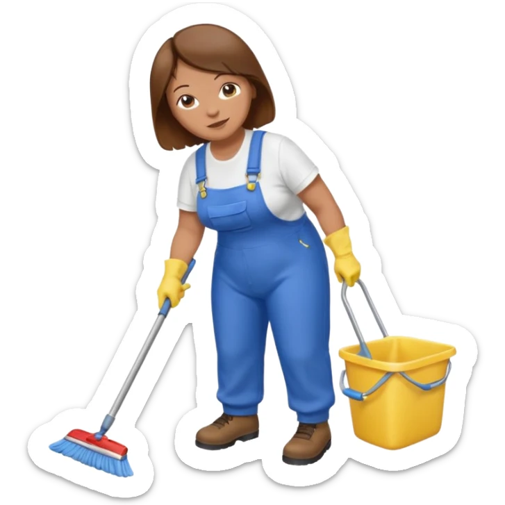 old and fat women, brown hair, Custodian with yellow rubber gloves, white T-shirt, blue overalls, mopping floor sticker