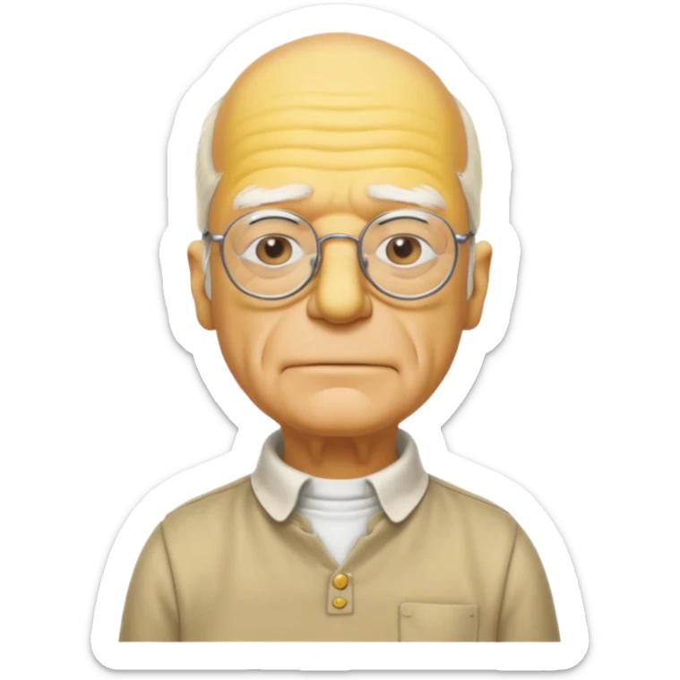A 3D cartoon close-up of Grandpa Abe Simpson, yellow skin, bald head with side tufts of white hair, glasses, wrinkled face, beige shirt with collar, soft yellow lighting, cinematic Memoji-style portrait consistent with other Simpsons family members, yellow dress. sticker