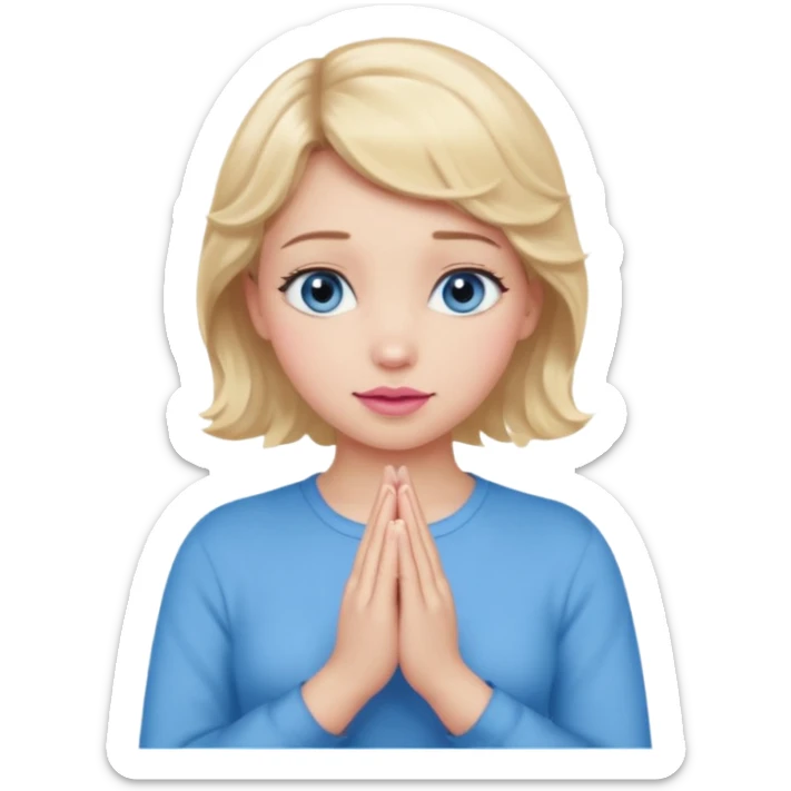 Girl Blonde short wavy hair,  blue eyes, cute blue top, long lashes, pink lips, praying hands sticker