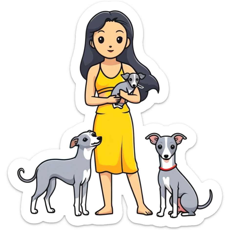 Slim Chinese woman with long black hair in beach attire at the beach with her Italian greyhound that is COMPLETELY solid grey, with absolutely NO white markings on face, snout, or anywhere else, single uniform grey color throughout entire dog body sticker
