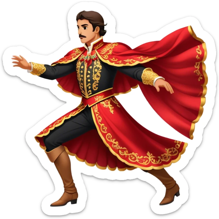 ​Cinematic Realistic Spanish Matador in Action, depicted in an ornate traje de luces with a flowing red cape, captured in the dramatic moment of confronting a charging bull in a traditional bullring, rendered with dynamic motion and dramatic lighting that encapsulates the intensity and artistry of the spectacle, sticker