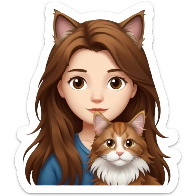 a  girl with  long hair and a Maine coon sticker