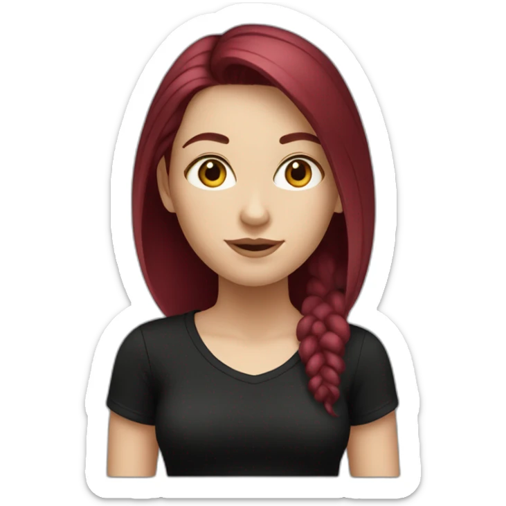 a white girl with burgundy hair in a black T-shirt sticker