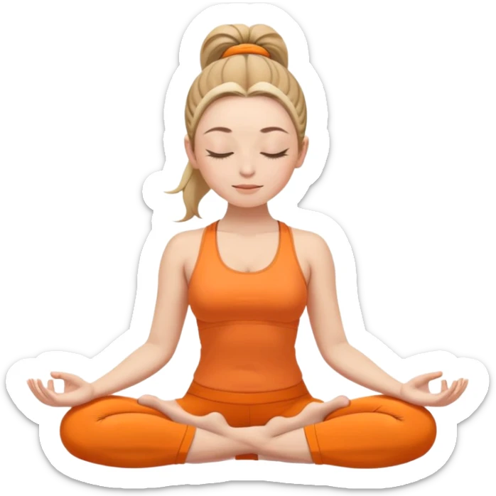 white woman with ponytail hairstyle in lotus position meditation yoga pose, closed eyes, relaxed face, wearing orange yoga outfit sticker