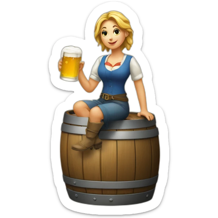 A lady with a beer in her hand and a foot on a beer barrel sticker