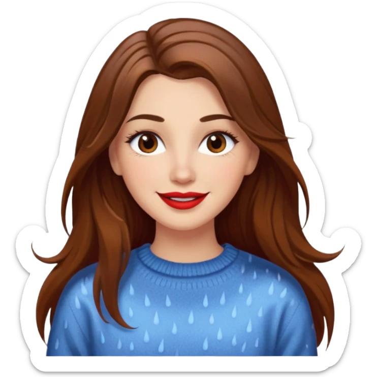 white woman with long brown hair and brown eyes, wearing a sweater, smiling in the rain, with long eyelashes and red lips sticker