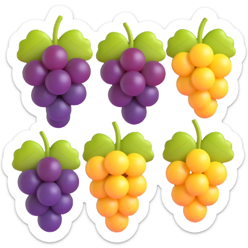 three bunches of grapes in 3D emoji style, dark purple, light yellow, and light red grapes side by side, each bunch with grape leaves, realistic and fresh appearance, no background sticker