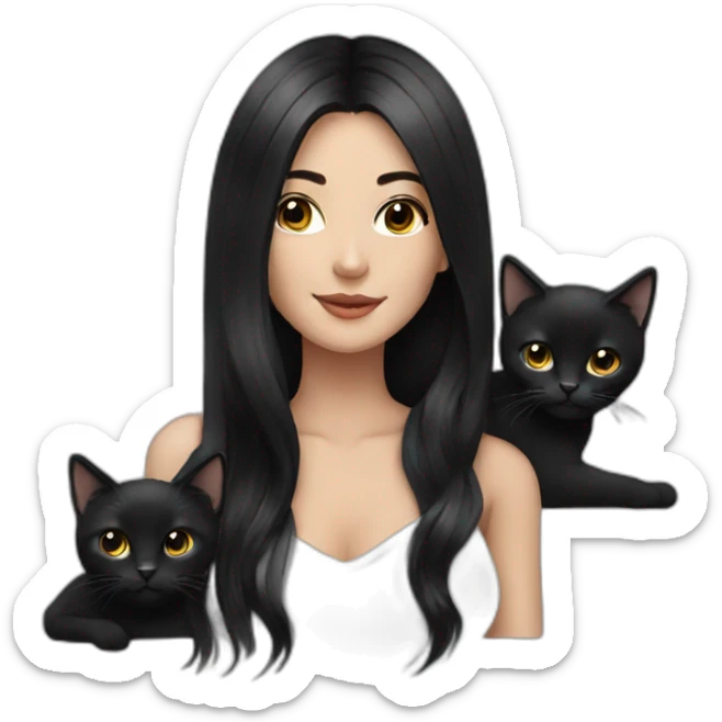 Beautiful woman with long black hair and with black cats on her shoulder  sticker