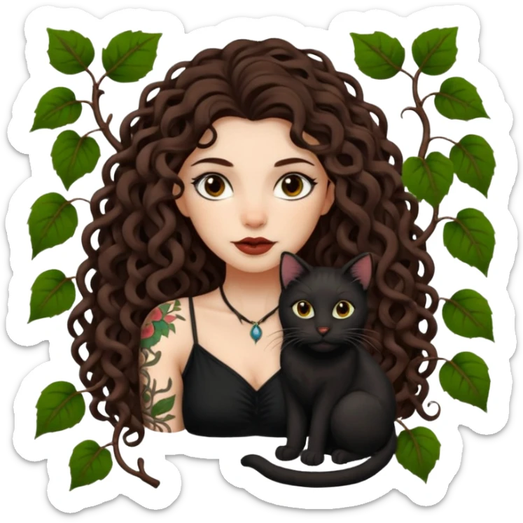 woman with long curly brown hair, brown eyes, white skin, tattoos, black cat tangled in living vines sticker