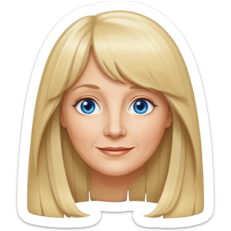 50 yr old white woman, curtain bangs, very long straight blond hair, oval face, small smile, blue eyes sticker