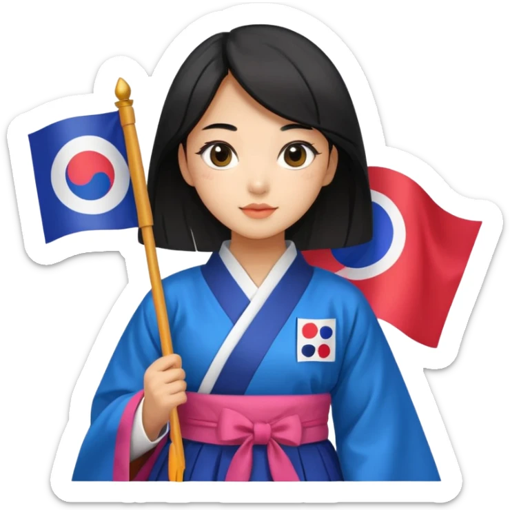 black hair girl with colorful hanbok holding south korea flag with white background sticker