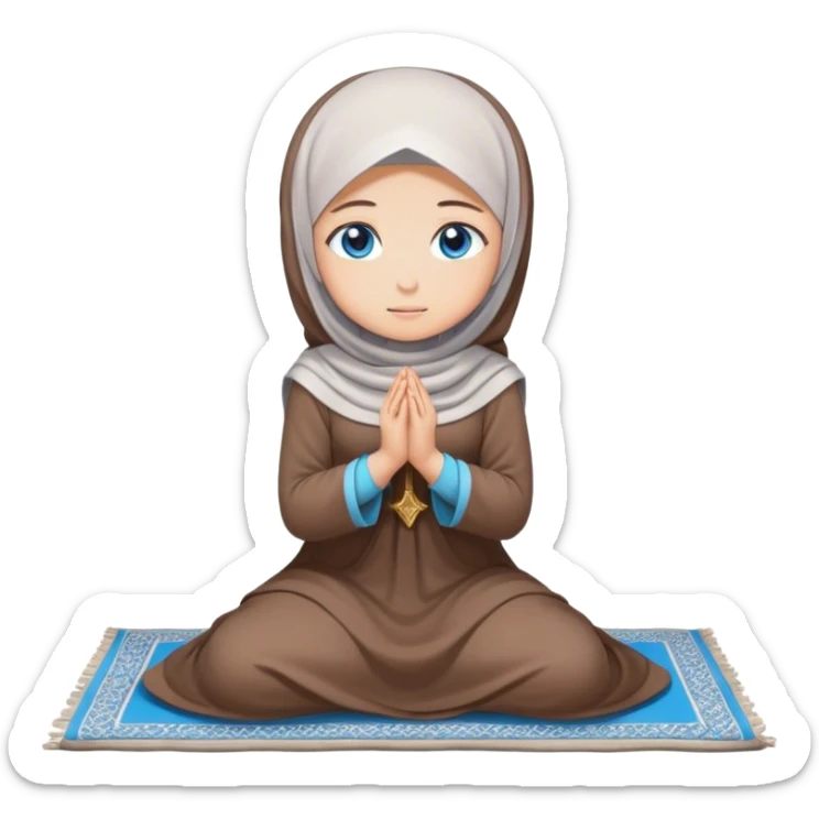 Turkish beautiful finish Konya girl blue eyes with hijab and brown stone dress praying on pray mat sticker