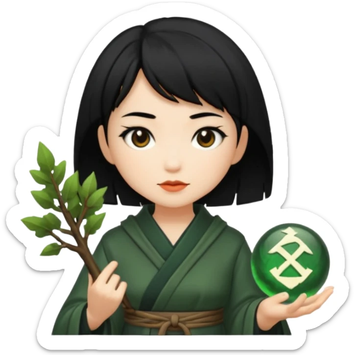 east asian forest mage woman short black hair rune sticker