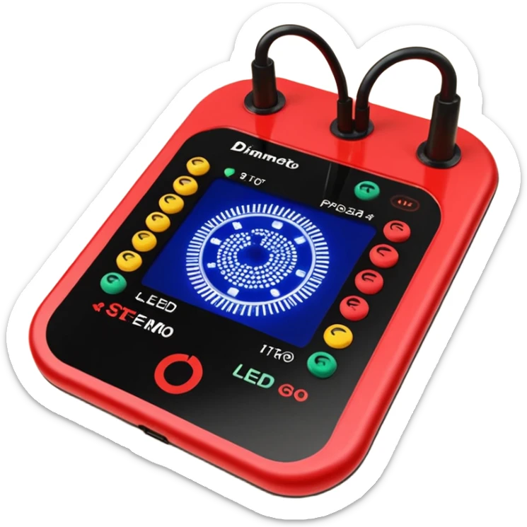 um explosivo improvisado composto por sete dinamites vermelhas presas por fita preta. O dispositivo inclui um temporizador digital de LED vermelho e uma placa de circuito com fios coloridos e um botão de ativação. Tudo está isolado sobre um fundo branco. sticker