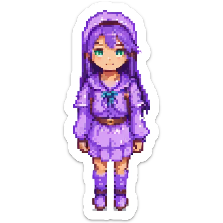 Change the girl's clothes to purple, keep the pixel art style, with no background. sticker
