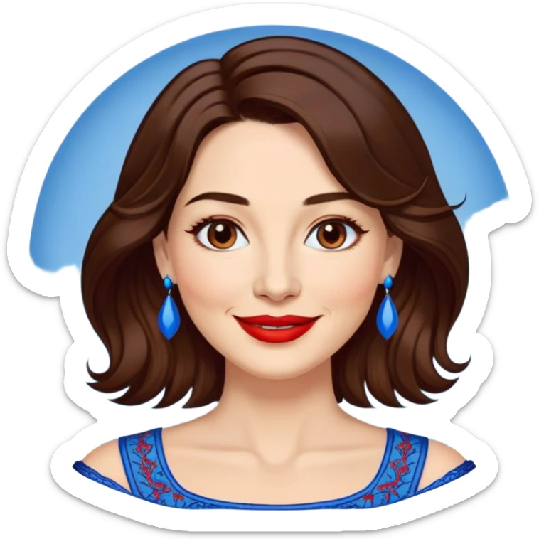 Woman in her 40s with clear skin, round face, wide friendly smile, big light brown eyes, vibrant red lipstick, shoulder-length wavy dark brown hair, white top with blue embroidery and electric blue neckline, mature elegant look sticker
