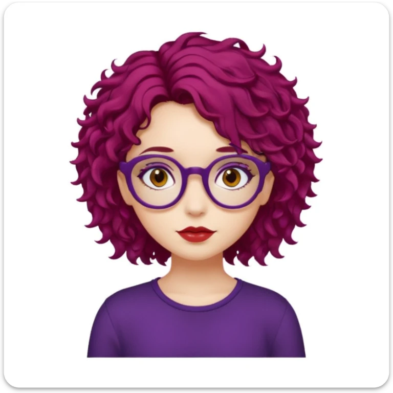 girl, almond brown eyes, red rectangle glasses, curly mid-short hair, deep purple hair, red top, casual-goth sticker