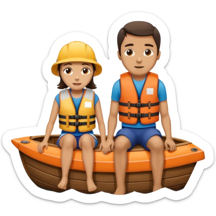 a wood boat upside down, with 2 people sitting on top trying to stay afloat. sticker