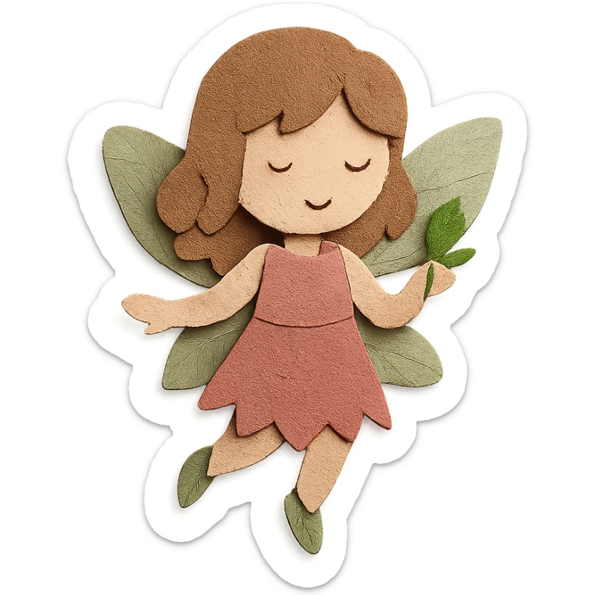 fairycore girl with brown, light pink, and green fairy clothes and wings, light brown hair, textured and cute, paper craft style sticker