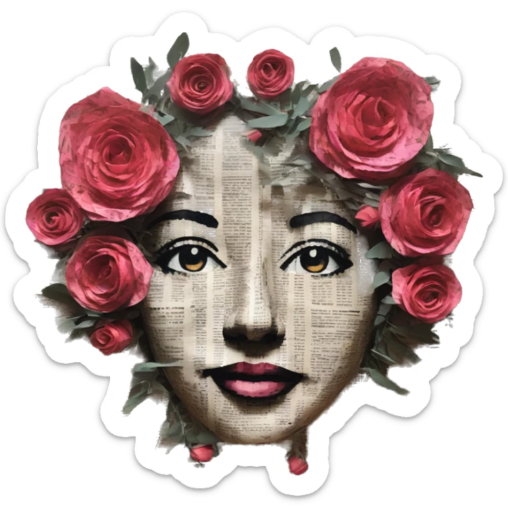 Person face portrait made entirely of newspaper cuttings and roses sticker