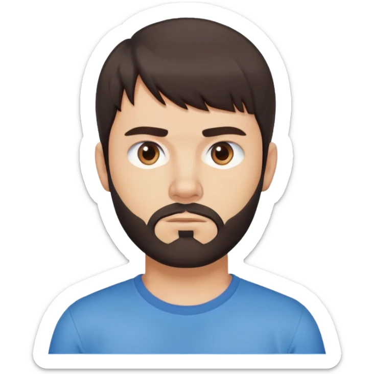 Argentine male with straight dark brown hair and bangs, short complete beard, serious neutral face, wearing plain blue t-shirt sticker