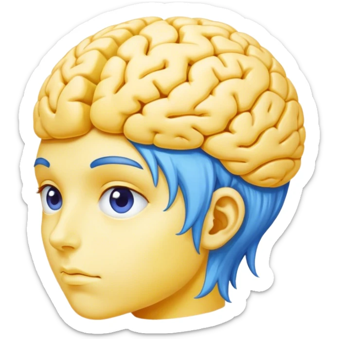 A real person face emoji, skin is emoji yellow, and hair is a blue brain sticker