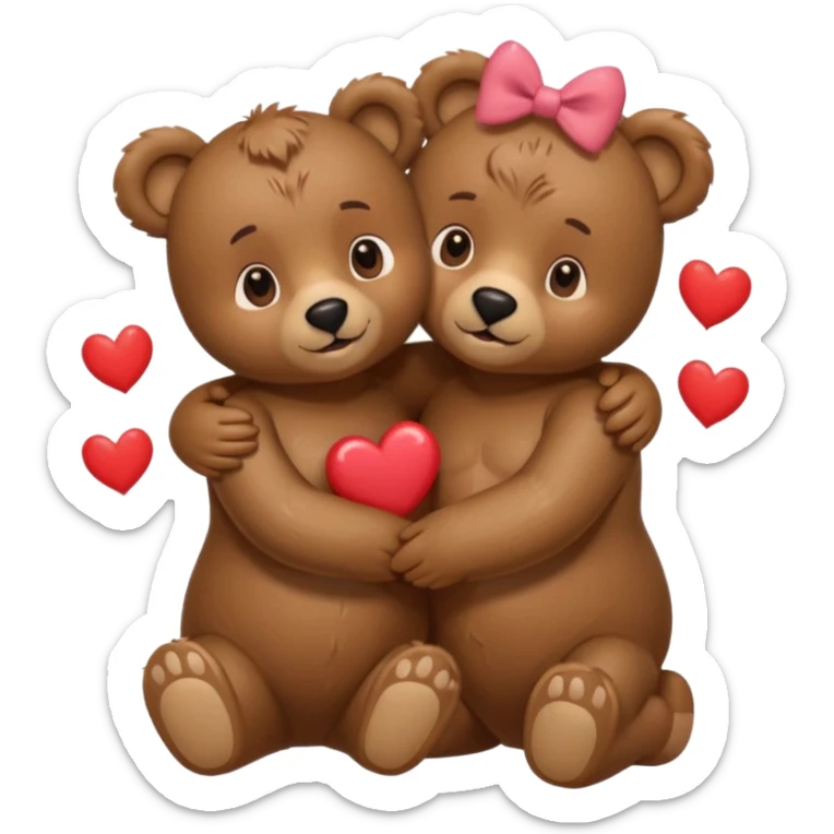 female bear with bow on her head and male bear hugging, couple, surrounded by hearts, playful and loving, cute, same height  sticker