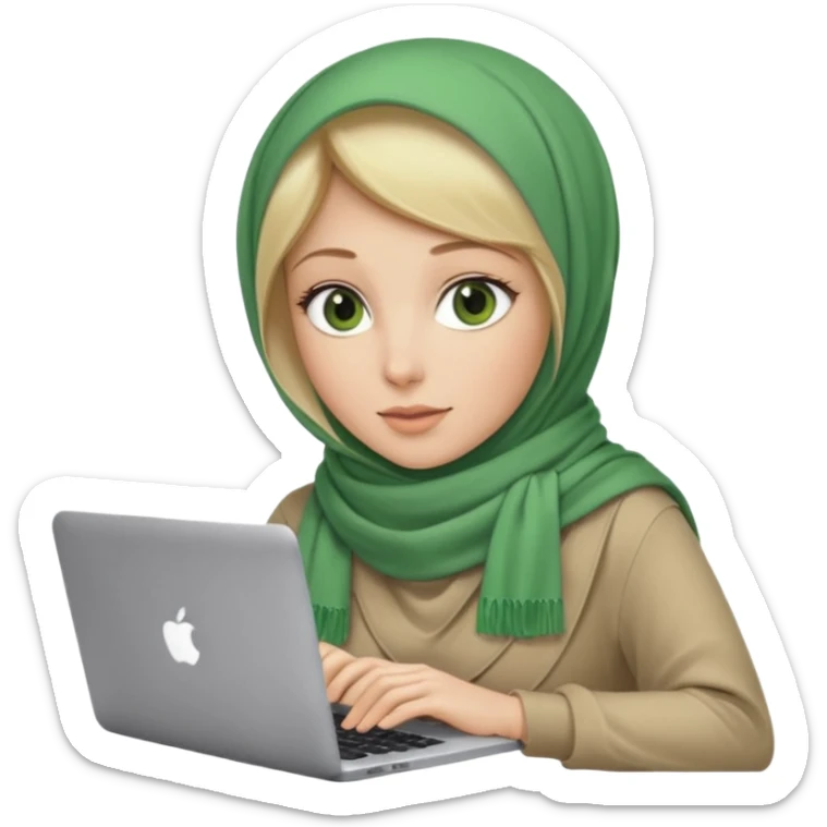 blond women skine , with green eyes , with scarf hijab ,dont show hir hair, with macbook sticker