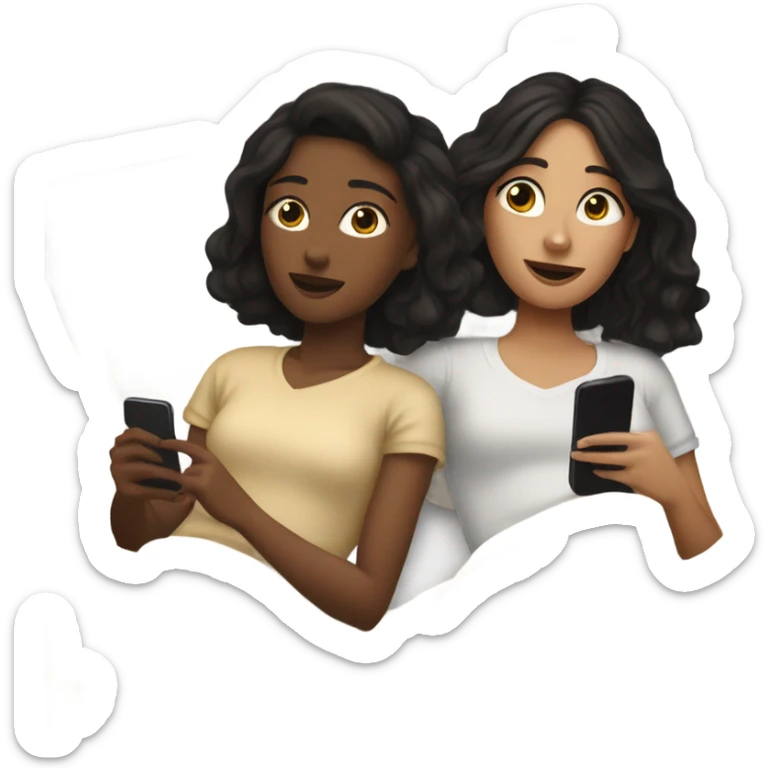 girl with  brown hair and girl with black hair on their phones laying in a bed with a beige comforter  sticker