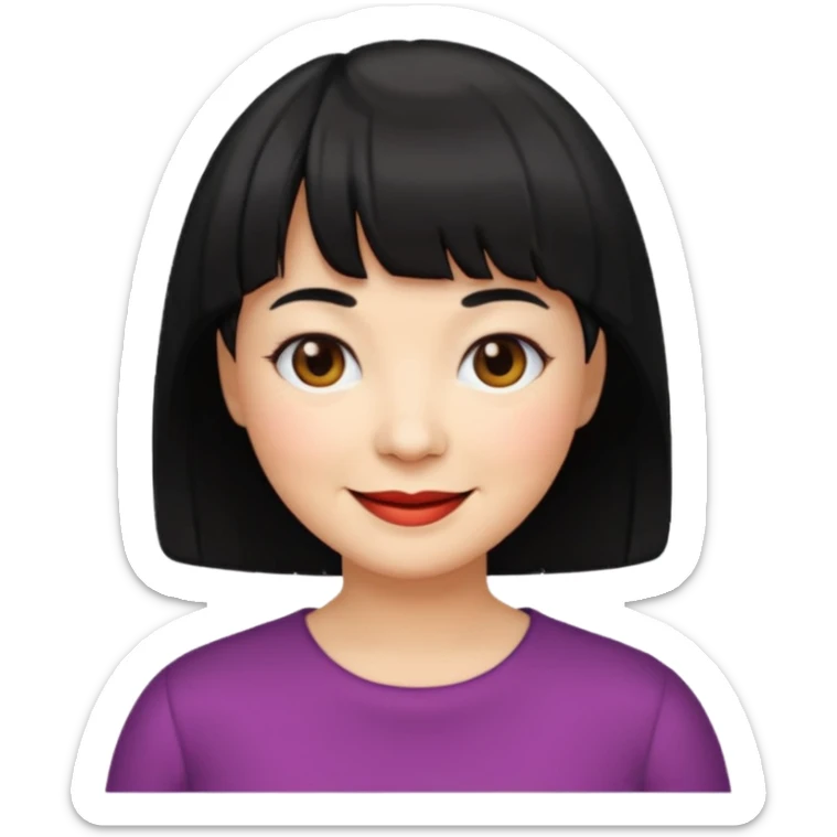 Illustrated emoji of a middle aged woman with short black hair and bangs, white skin and dark eyes sticker