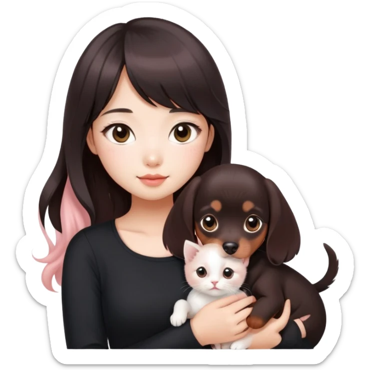 Asain girl with pink blush, wearing a black skinny top, long dark brown curled hair with straight bangs. Carrying a white kitten and a brown dashund puppy.  sticker