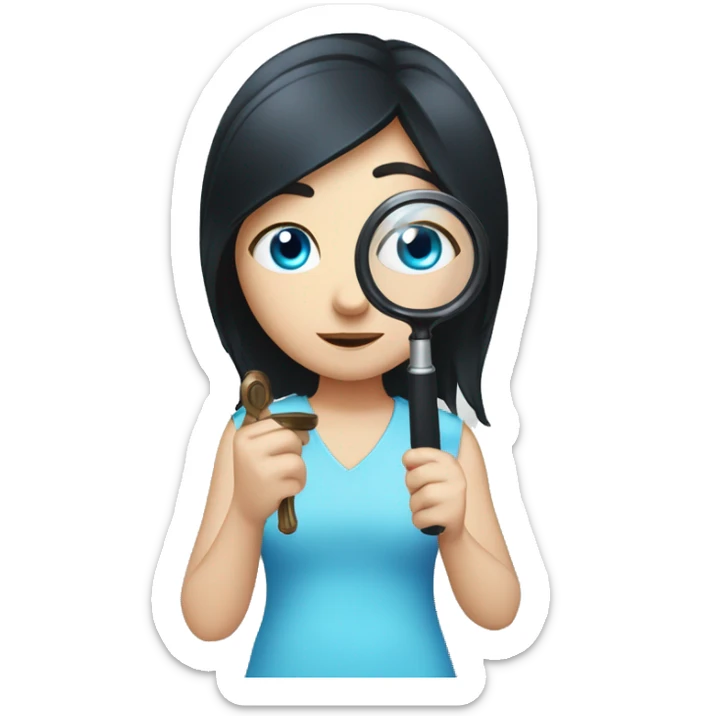 white girl with black hair and blue eyes playing with magnifying glass sticker