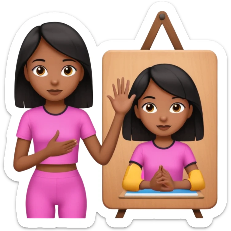 a brown skin teachers with hair that stop at elbows girl with black straight like hair wearing pink not hot pink 2 piece set teaching up on a board sticker