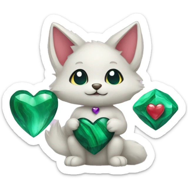 A Kitsune Holding a Malachite Heart, an Amethyst Heart and a Pearl Heart sticker
