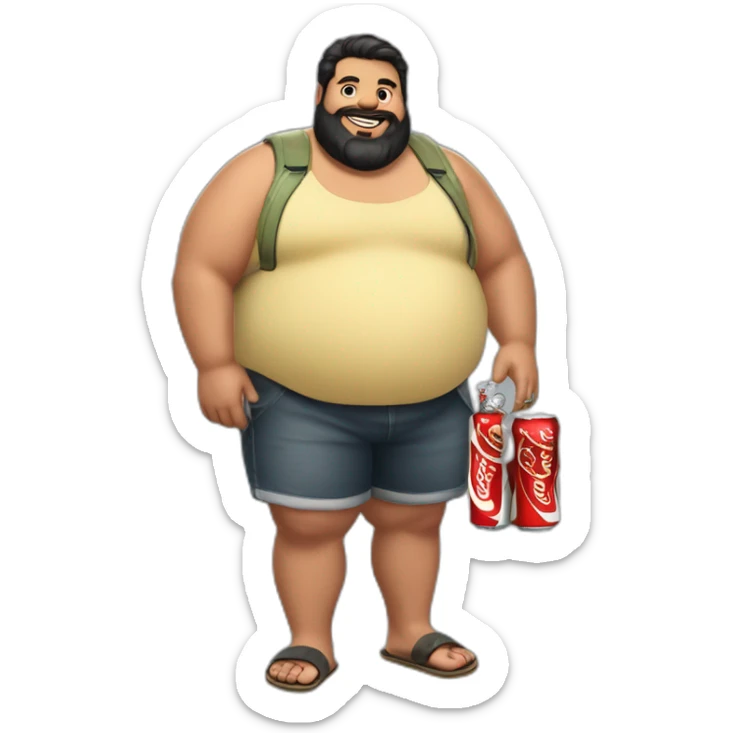 fat man in flip-flop shorts, black hair and beard holding a bottle of Coca-Cola sticker