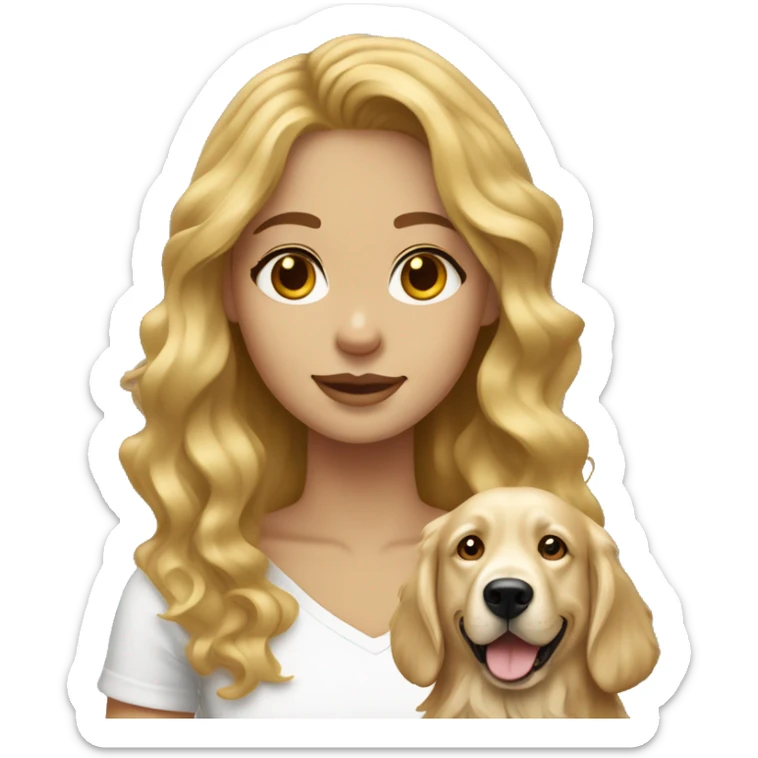 Dark Blonde girl wavy hair and white top with golden retriever sticker