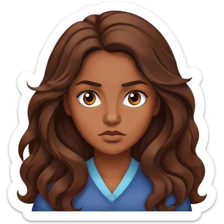 "- Nữ
- 30 tuổi
- Da nâu
- Tóc xoăn nhẹ màu nâu, dài 
- Mặt nghiêm túc
" sticker