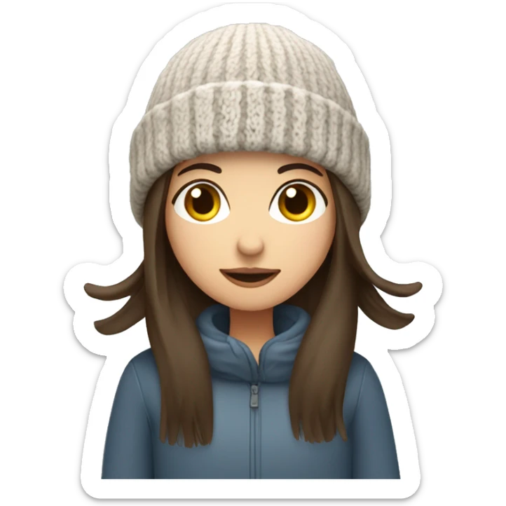 brunette girl with straight hair in the cold with a woolly hat sticker